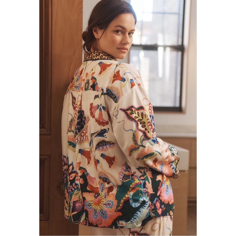 ANTHROPOLOGIE Sarah Gordon Floral Flannel Pajama Top Button Front Sleepwear NWT - Picture 3 of 8